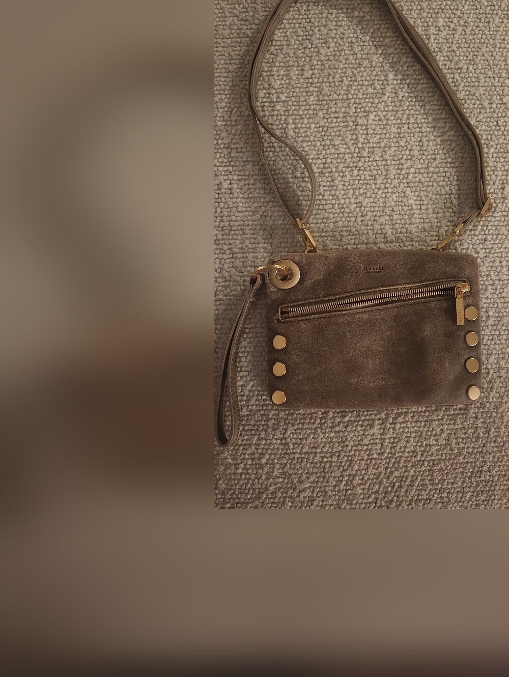 Hammitt "Nash" Taupe Suede Crossbody Bag with Gold Accents